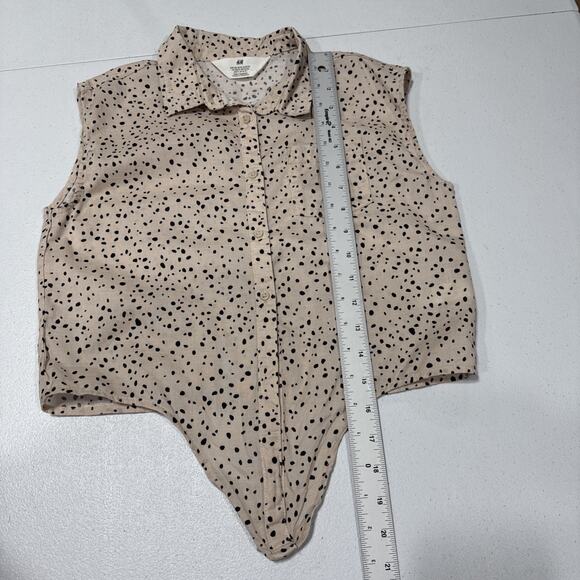 H&M Girls Sleeveless Button-Up Tie Shirt Size 12 Tan Black Dots Top Blouse - Picture 7 of 8